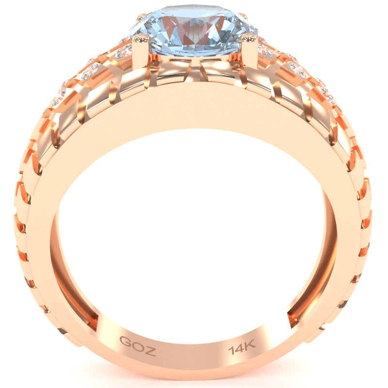 Men's Tire Tread Aquamarine Diamond Ring In Solid 14k Rose Gold