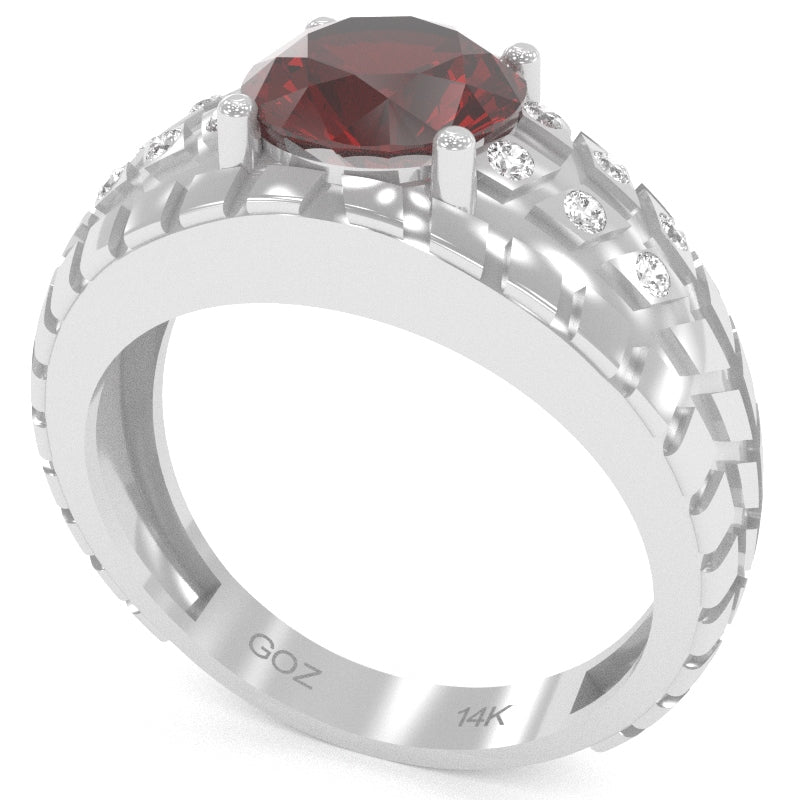 Men's Tire Tread Lab-Created Ruby Diamond Ring In Solid 14k White Gold