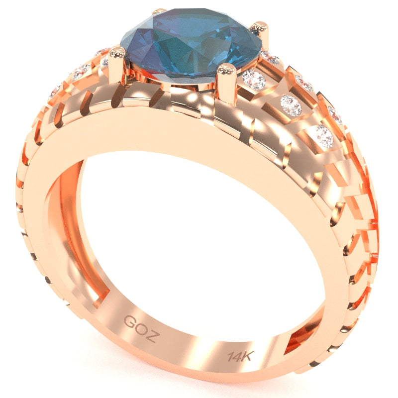 Men's Tire Tread Lab-Created Alexandrite Diamond Ring In Solid 14k Rose Gold