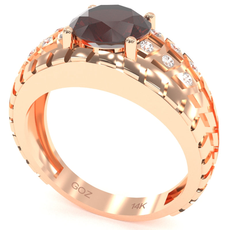 Men's Tire Tread Garnet Diamond Ring In Solid 14k Rose Gold