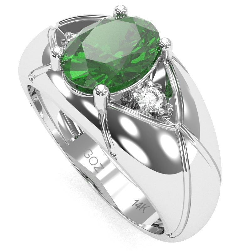 Men's Designer Lab-Created Emerald Diamond Ring In Solid 14k White Gold