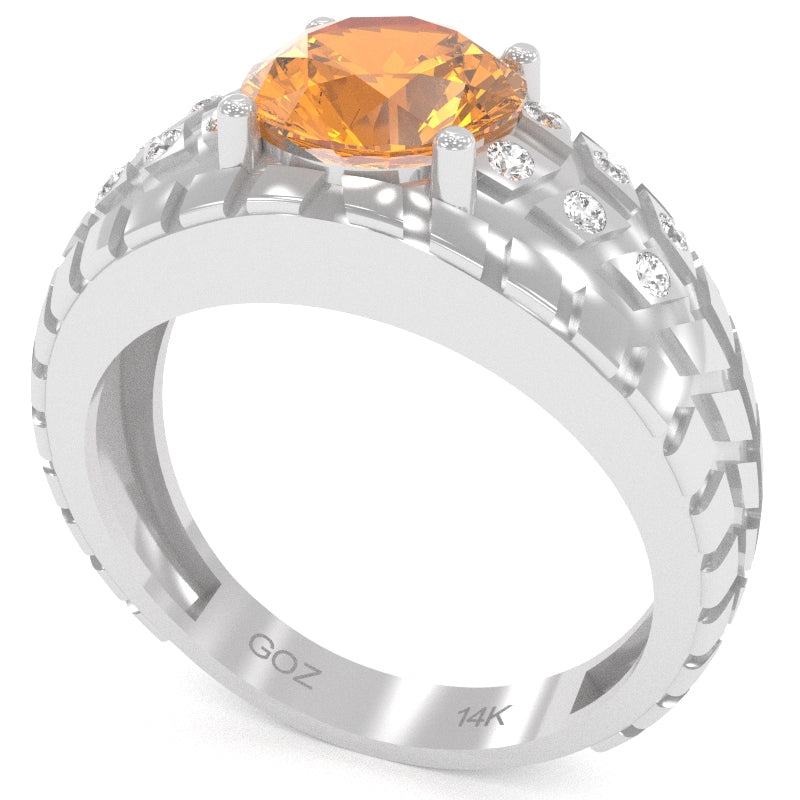 Men's Tire Tread Citrine Diamond Ring In Solid 14k White Gold