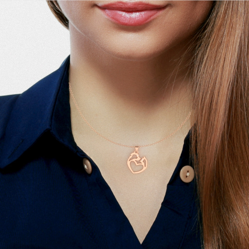 Dog And Cat  Diamond-Heart Pendant In Solid 14k Rose Gold