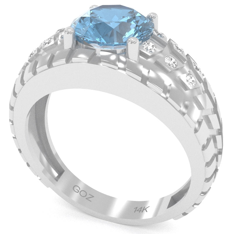 Men's Tire Tread Blue Topaz Diamond Ring In Solid 14k White Gold