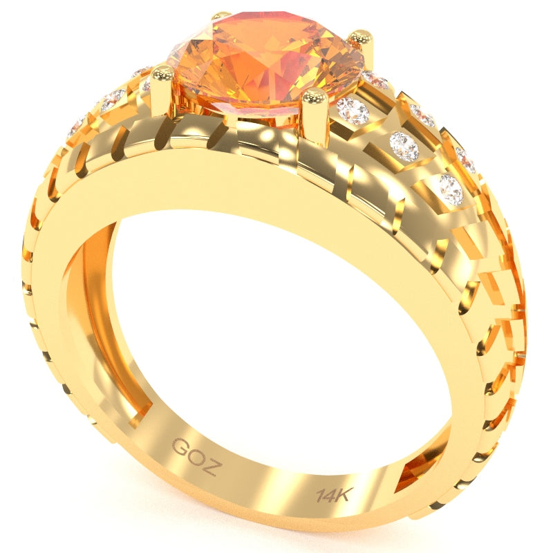 Men's Tire Tread Citrine Diamond Ring In Solid 14k Yellow Gold