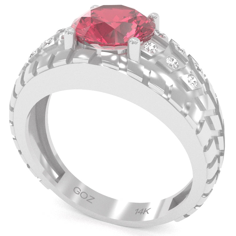 Men's Tire Tread Pink Tourmaline Diamond Ring In Solid 14k White Gold