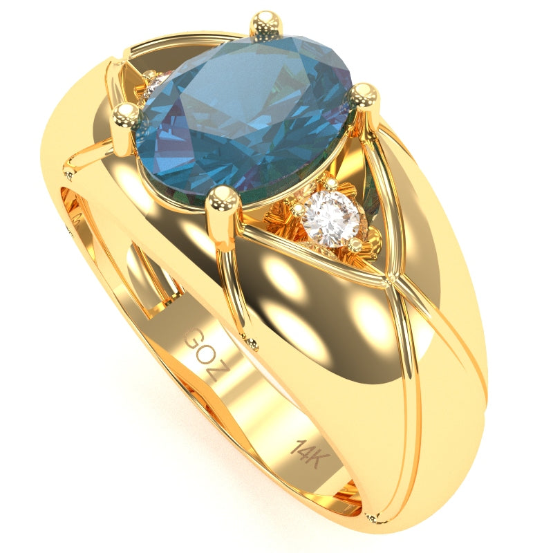 Men's Designer Lab-Created Alexandrite Diamond Ring In Solid 14k Yellow Gold