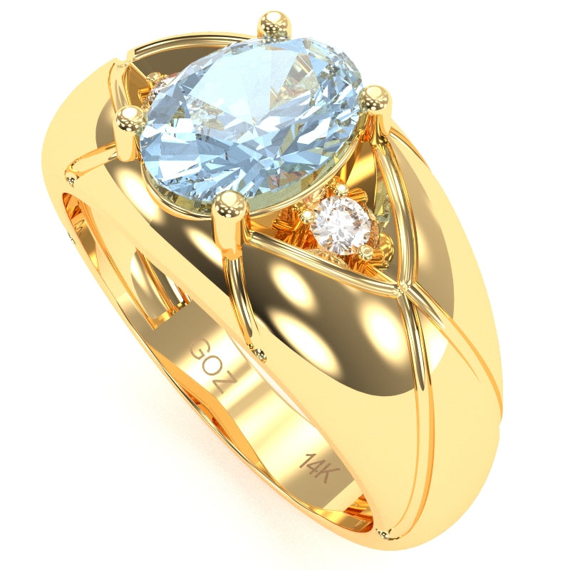 Men's Designer Aquamarine Diamond Ring In Solid 14k Yellow Gold