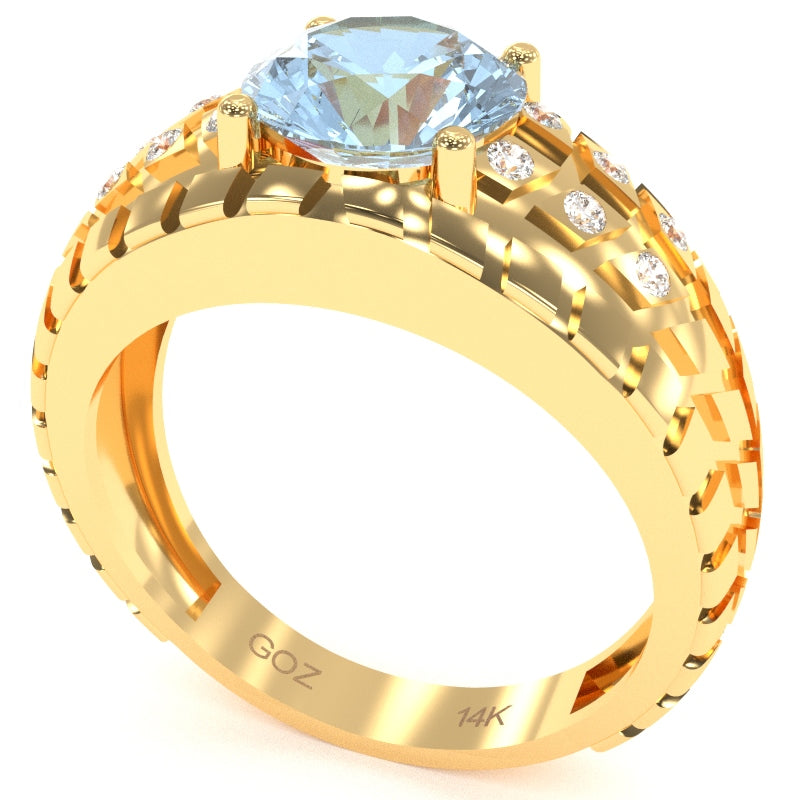 Men's Tire Tread Aquamarine Diamond Ring In Solid 14k Yellow Gold
