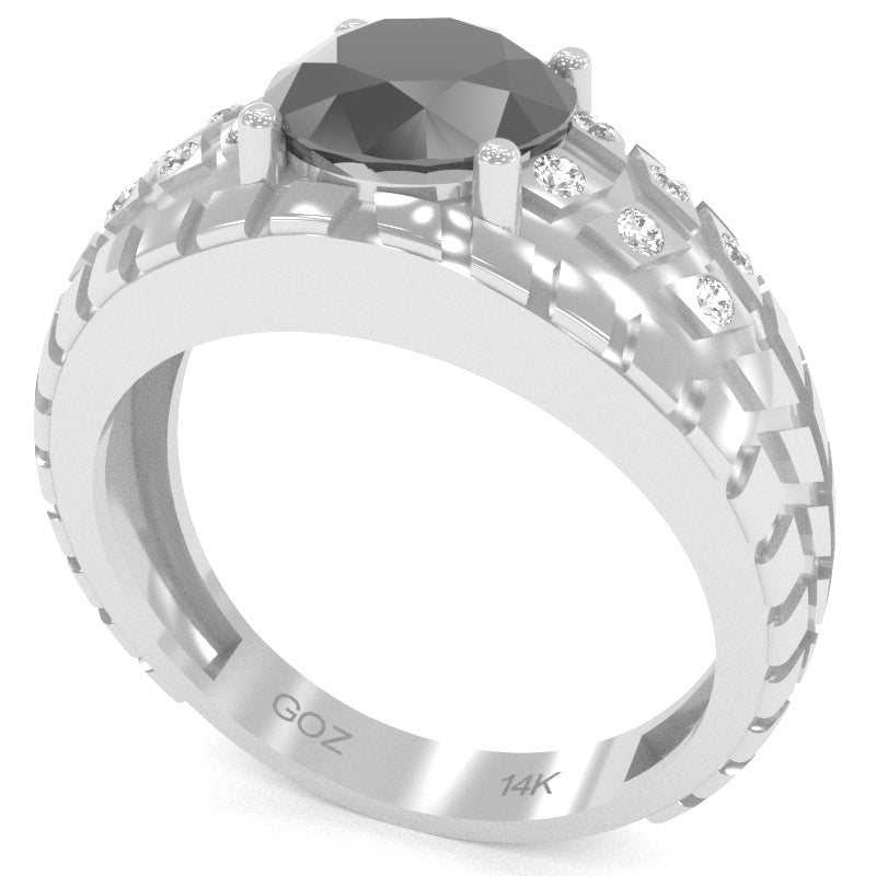 Men's Tire Tread Black Onyx Diamond Ring In Solid 14k White Gold