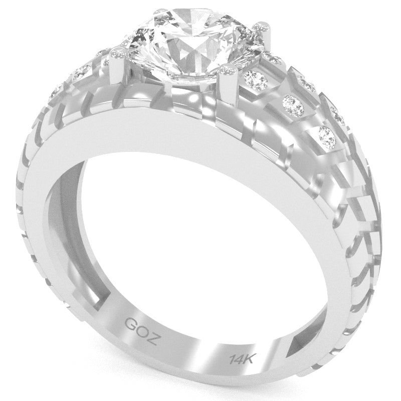 Men's Tire Tread White Topaz Diamond   Ring In Solid 14k White Gold