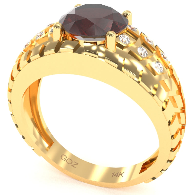 Men's Tire Tread Garnet Diamond Ring In Solid 14k Yellow Gold