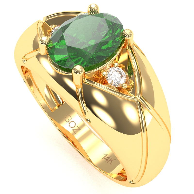 Men's Designer Lab-Created Emerald Diamond Ring In Solid 14k Yellow Gold
