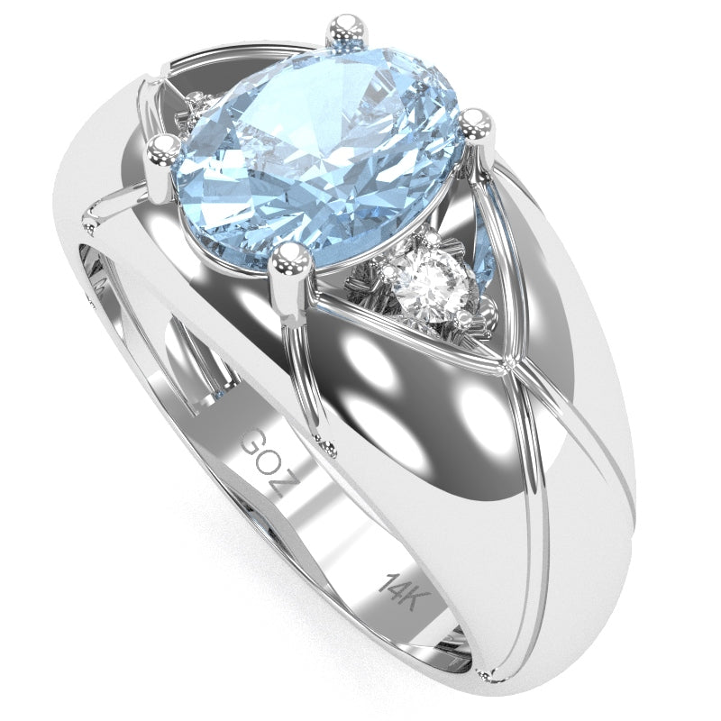 Men's Designer Aquamarine Diamond Ring In Solid 14k White Gold