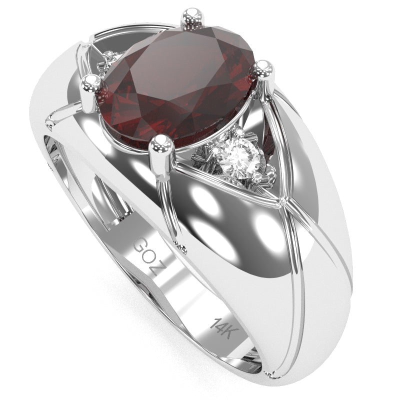 Men's Designer Garnet Diamond Ring In Solid 14k White Gold
