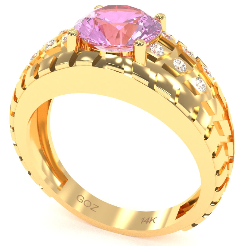 Men's Tire Tread Lab-Created Pink Sapphire Diamond Ring In Solid 14k Yellow Gold