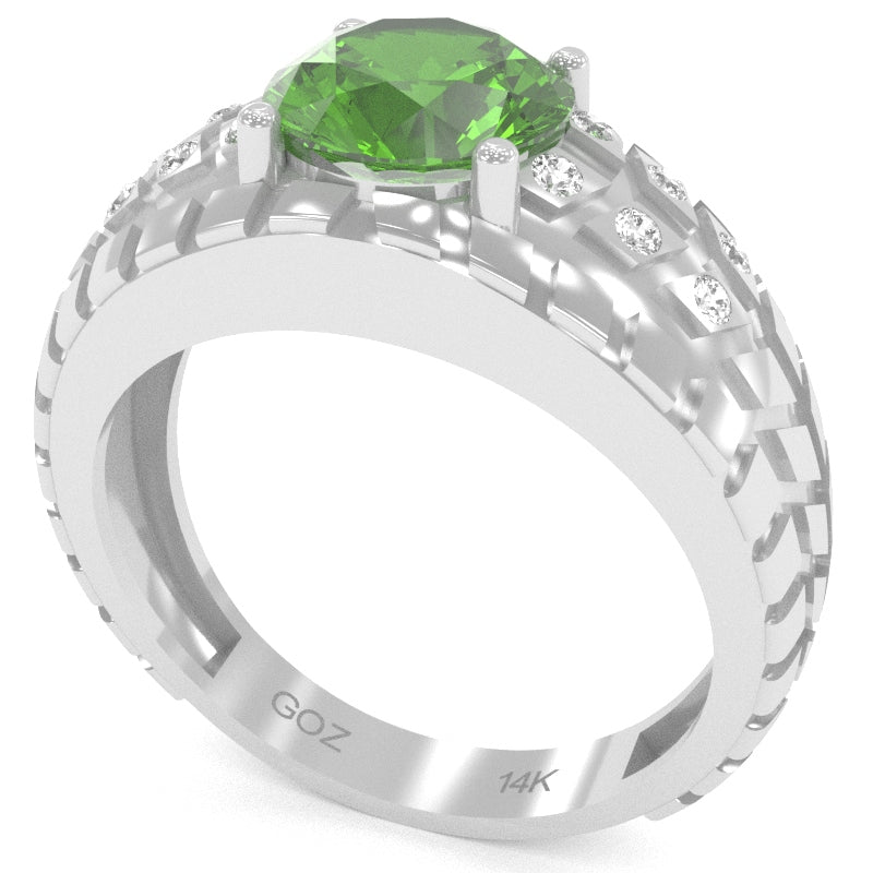 Men's Tire Tread Peridot Diamond Ring In Solid 14k White Gold