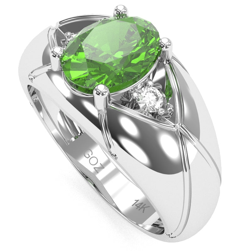 Men's Designer Peridot Diamond Ring In Solid 14k White Gold