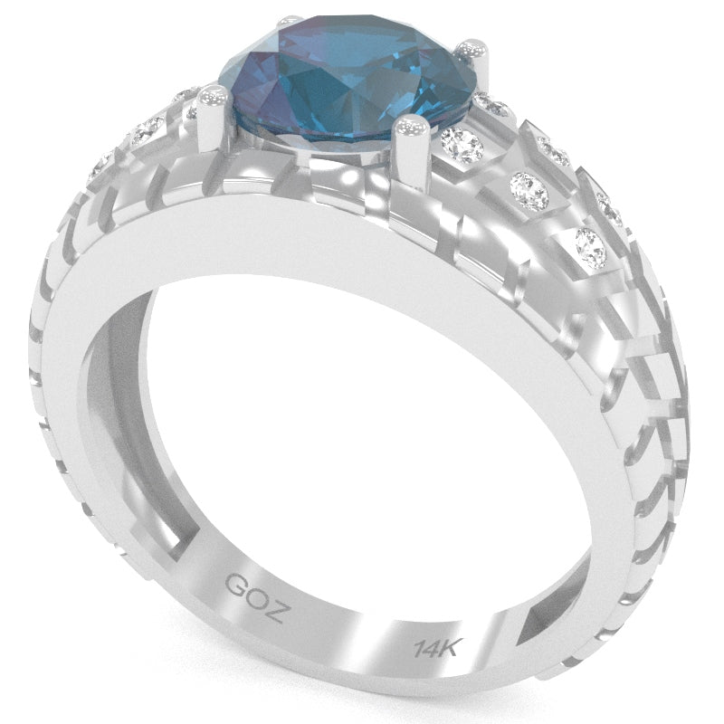 Men's Tire Tread Lab-Created Alexandrite Diamond Ring In Solid 14k White Gold
