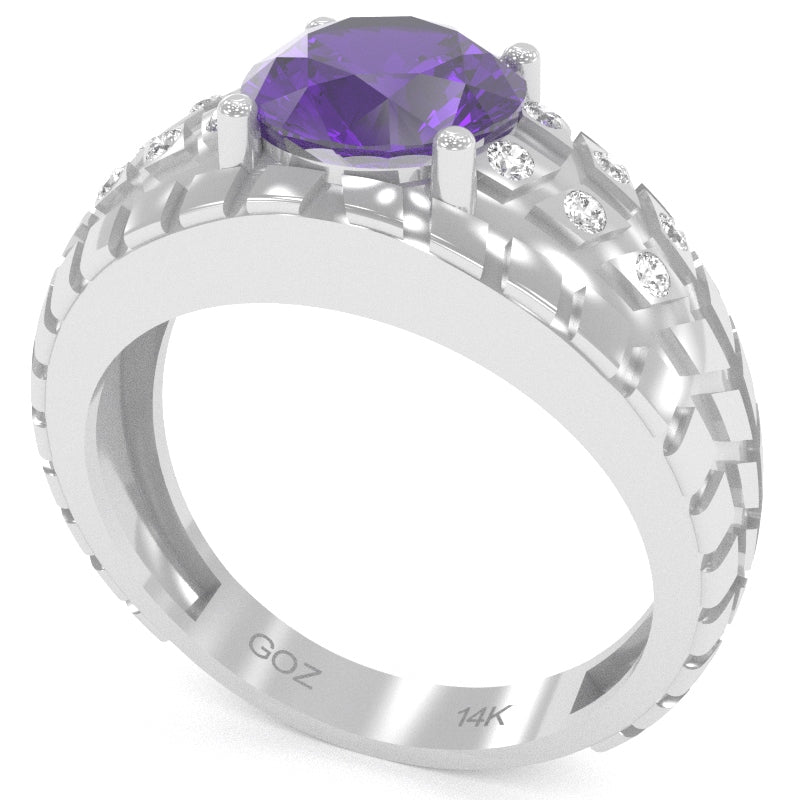Men's Tire Tread Amethyst Diamond Ring In Solid 14k White Gold