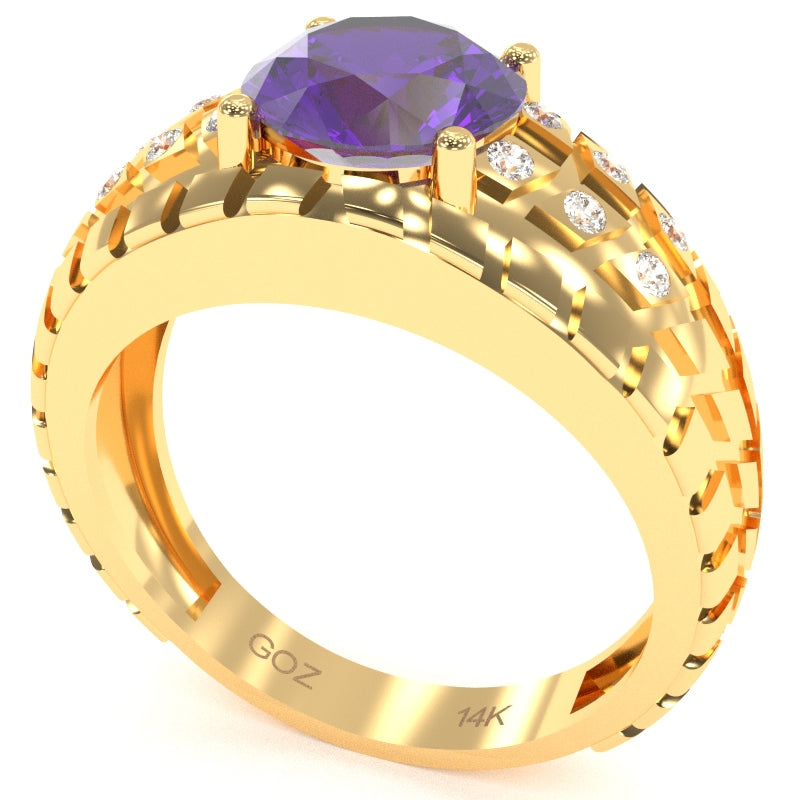 Men's Tire Tread Amethyst Diamond Ring In Solid 14k Yellow Gold