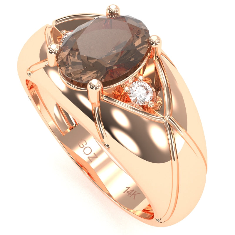 Men's Designer Smoky Quartz Diamond Ring In Solid 14k Rose Gold