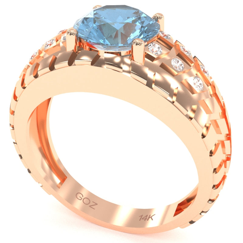 Men's Tire Tread Blue Topaz Diamond Ring In Solid 14k Rose Gold