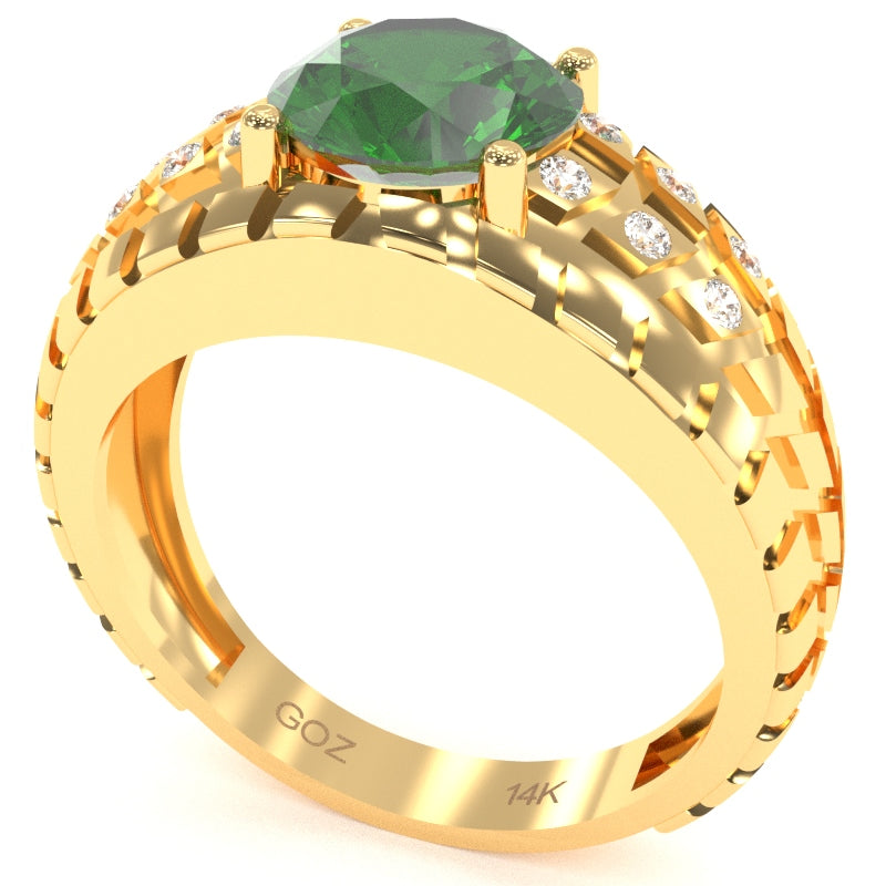 Men's Tire Tread Lab-Created Emerald Diamond Ring In Solid 14k Yellow Gold