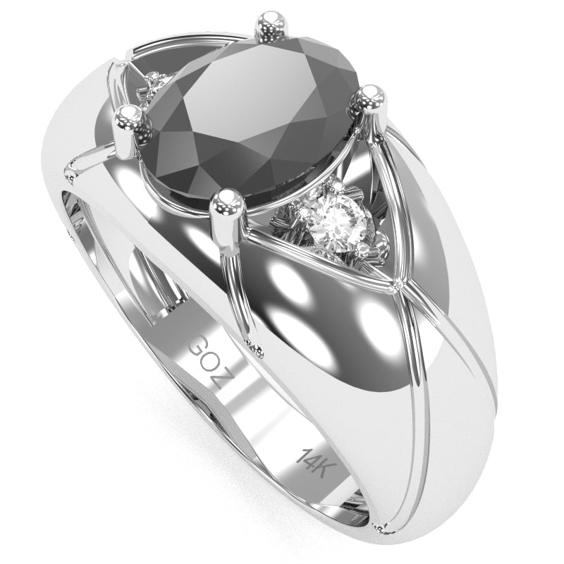 Men's Designer Black Onyx Diamond Ring In Solid 14k White Gold