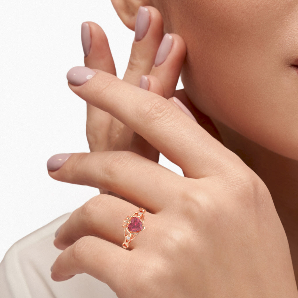 Celtic Trinity Knot Claddagh Heart Pink Tourmaline Diamond Ring In 10k Rose Gold