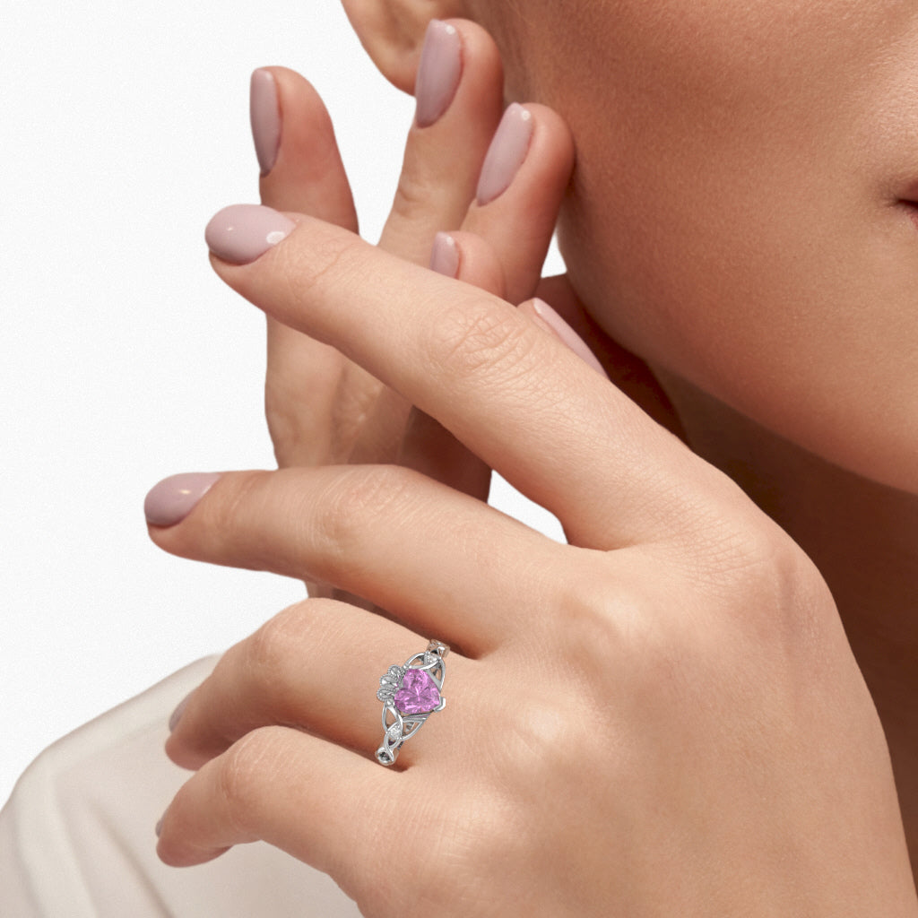 Celtic Trinity Knot Claddagh Heart Lab-Created Pink Sapphire Diamond Ring In 10k White Gold