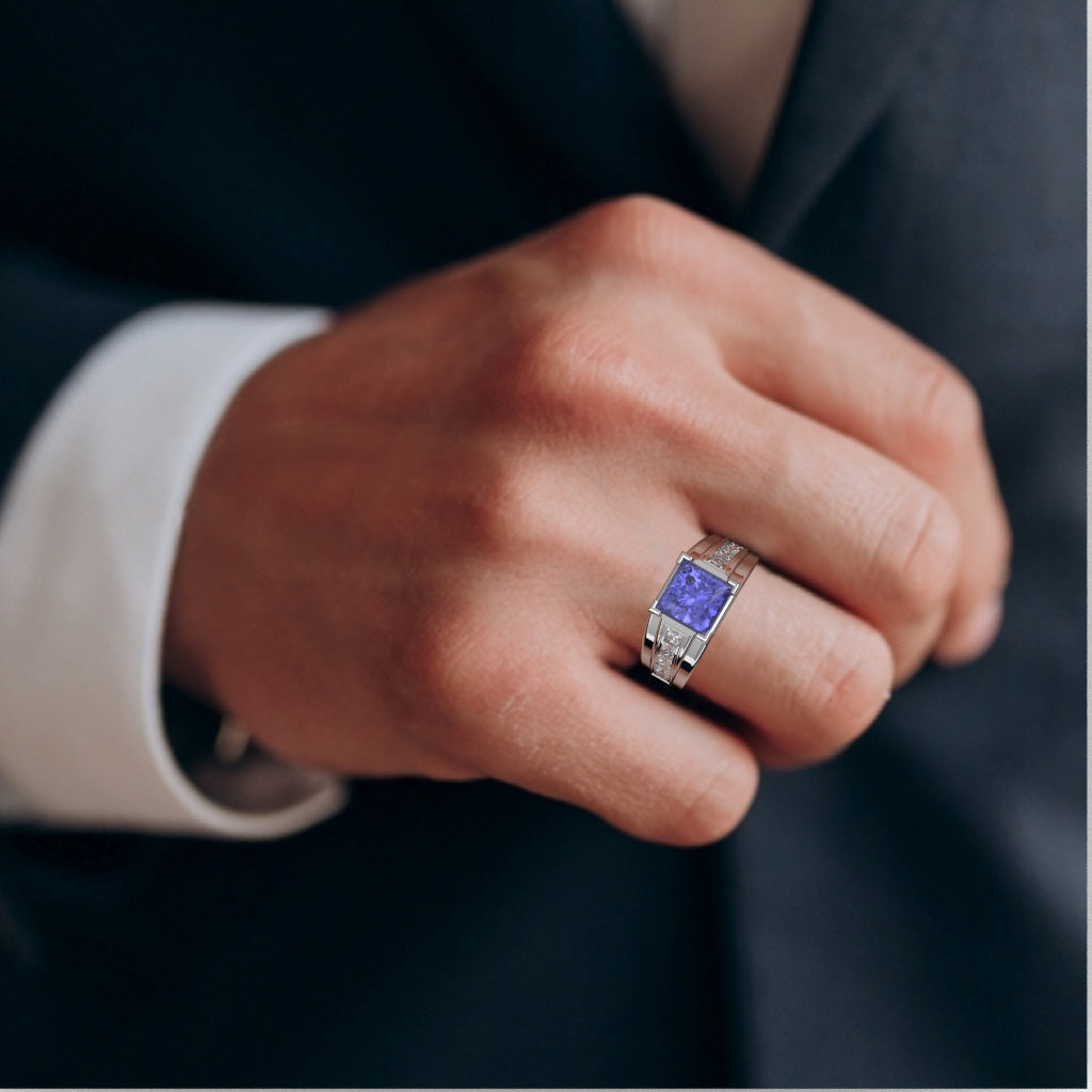 Men's Big Daddy Tanzanite Lab-Grown Diamond Channel Ring In Solid 14k White Gold