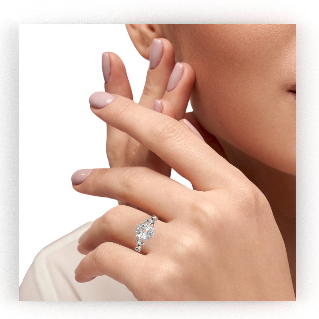 White Topaz Diamond Celtic Knot Heart Claddagh Ring In 10k White Gold