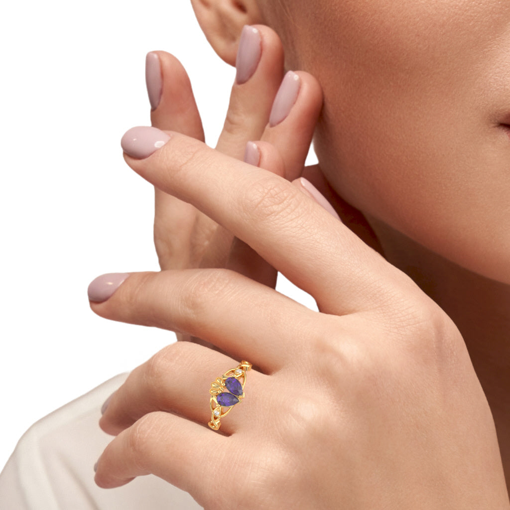 Amethyst Diamond Celtic Knot Heart Claddagh Ring In 14k Yellow Gold