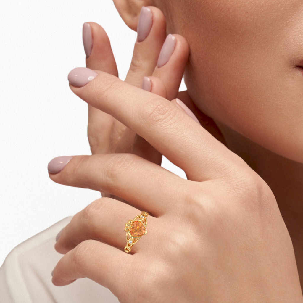 Celtic Trinity Knot Claddagh Heart Citrine Diamond Ring In 14k Yellow Gold