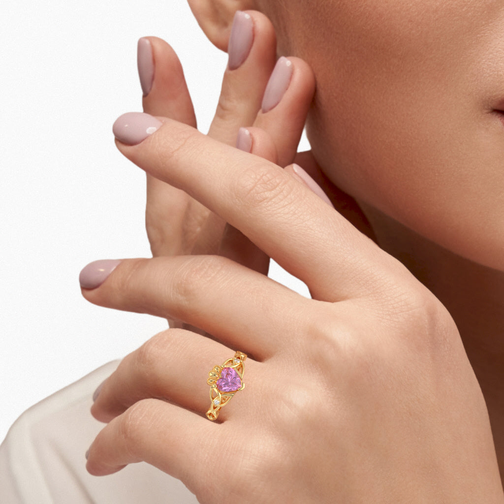 Celtic Trinity Knot Claddagh Heart Lab-Created Pink Sapphire Diamond Ring In 10k Yellow Gold