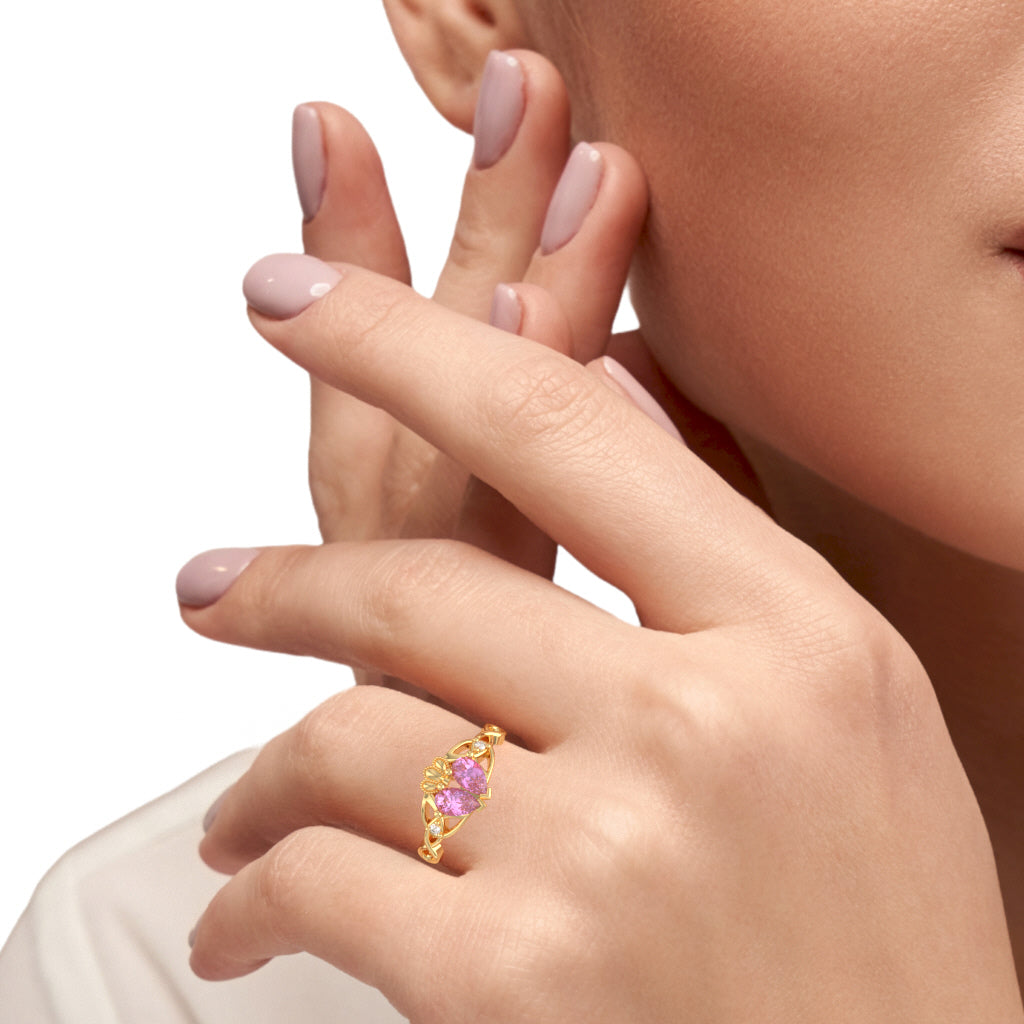 Lab-Created Pink Sapphire Diamond Celtic Knot Heart Claddagh Ring In 14k Yellow Gold