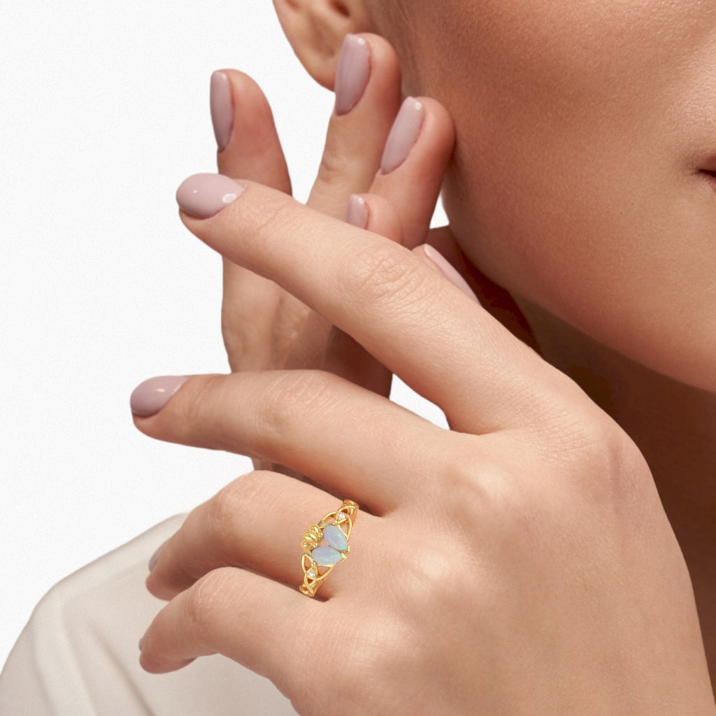 Opal Diamond Celtic Knot Heart Claddagh Ring In 10k Yellow Gold