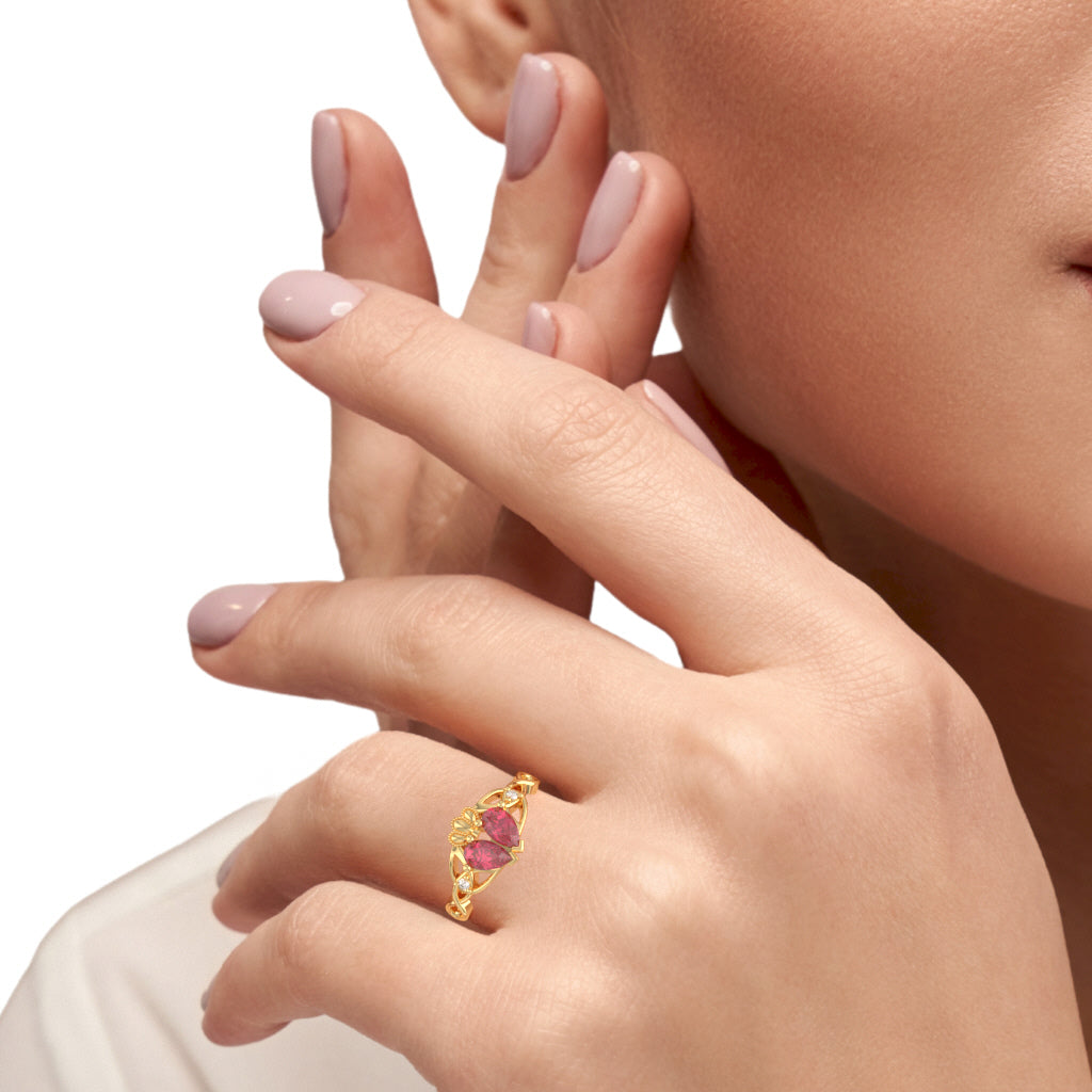 Pink Tourmaline Diamond Celtic Knot Heart Claddagh Ring In 10k Yellow Gold