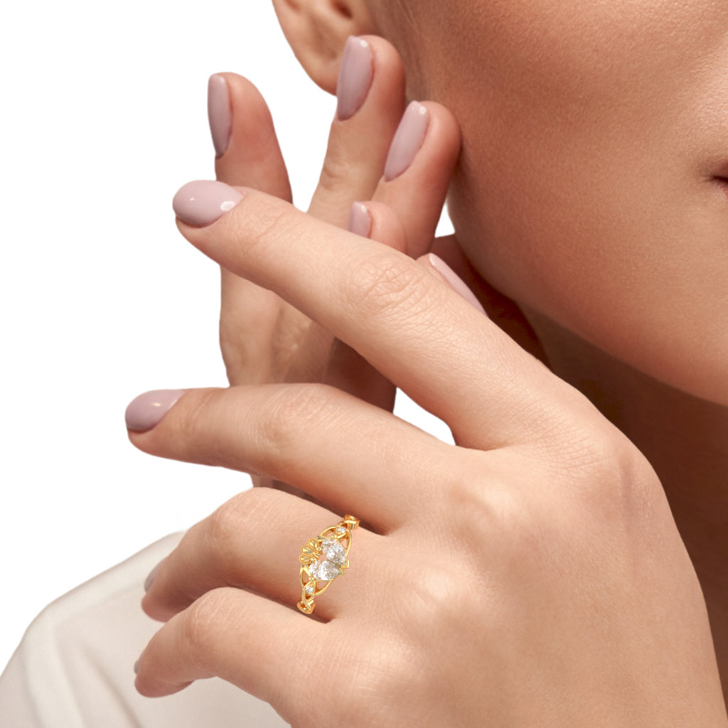 White Topaz Diamond Celtic Knot Heart Claddagh Ring In 10k Yellow Gold