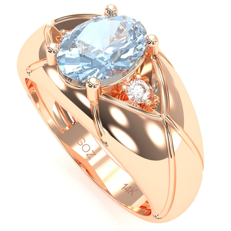 Men's Designer Aquamarine Diamond Ring In Solid 14k Rose Gold