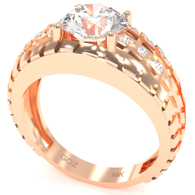 Men's Tire Tread White Topaz Diamond Ring In Solid 14k Rose Gold