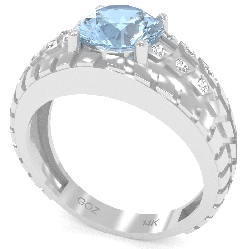 Men's Tire Tread Aquamarine Diamond Ring In Solid 14k White Gold