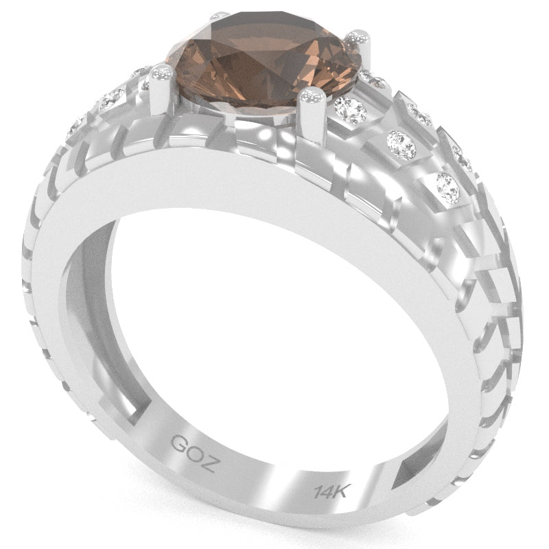 Men's Tire Tread Smoky Quartz Diamond Ring In Solid 14k White Gold