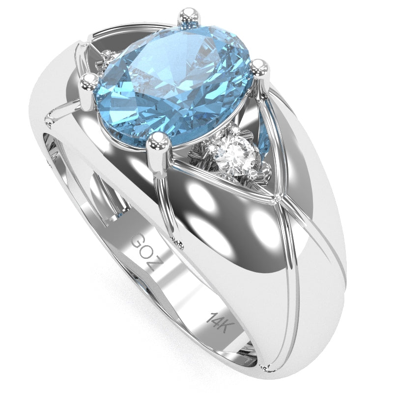Men's Designer Blue Topaz Diamond Ring In Solid 14k White Gold