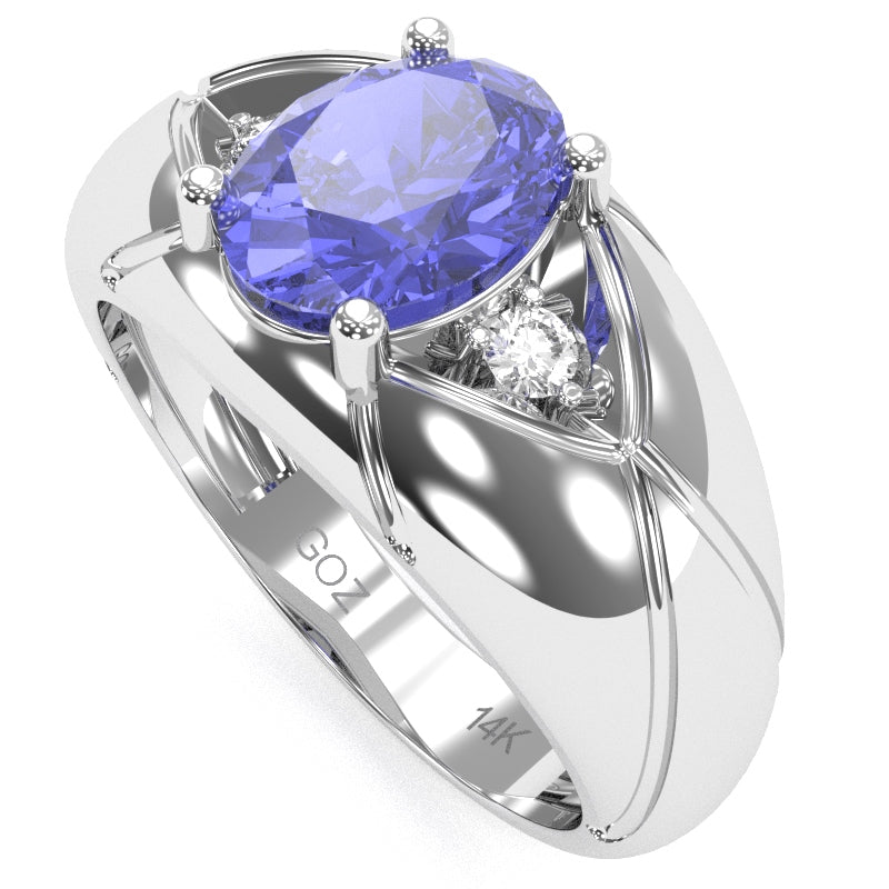Men's Designer Tanzanite Diamond Ring In Solid 14k White Gold