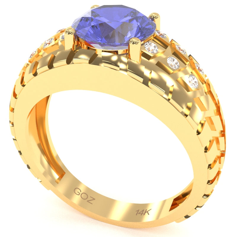 Men's Tire Tread Tanzanite Diamond Ring In Solid 14k Yellow Gold