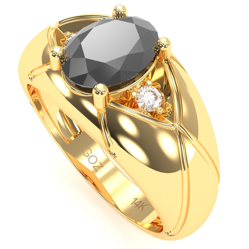 Men's Designer Black Onyx Diamond Ring In Solid 14k Yellow Gold
