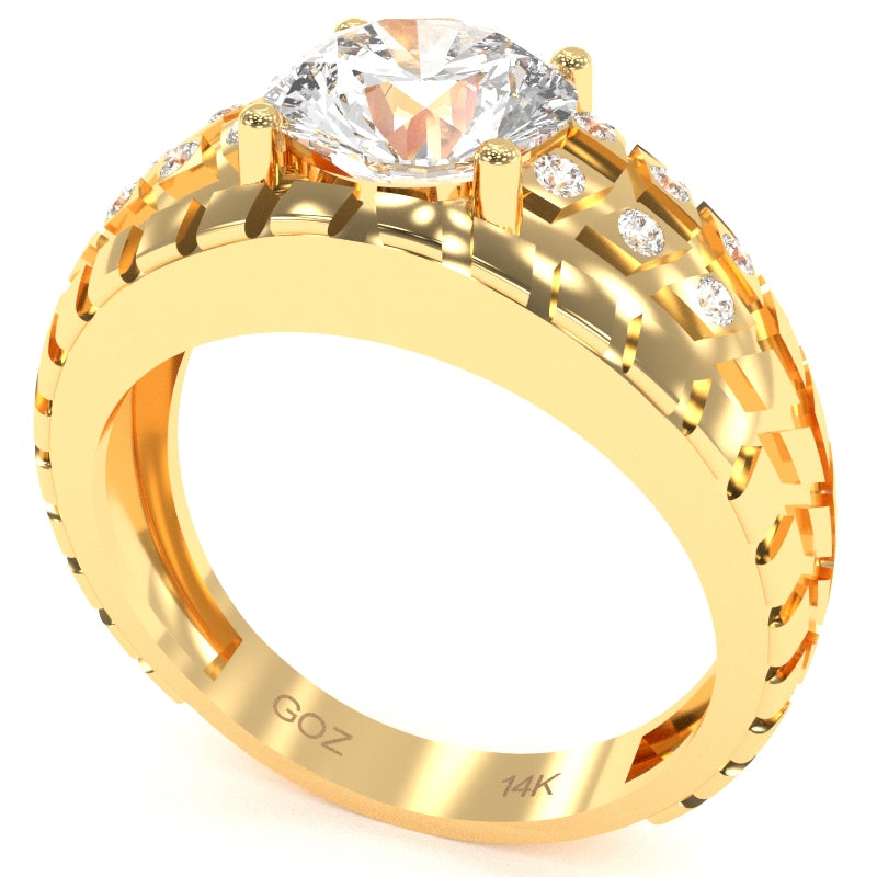 Men's Tire Tread White Topaz Diamond Ring In Solid 14k Yellow Gold