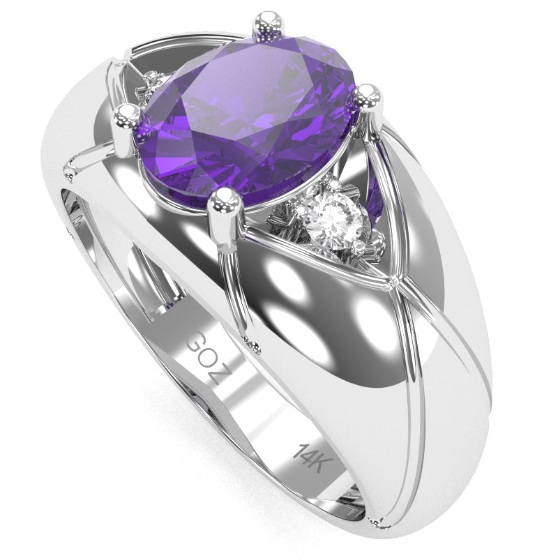 Men's Designer Amethyst Diamond Ring In Solid 14k White Gold